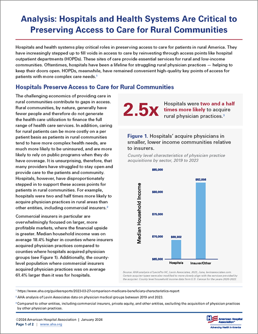 Analysis: Hospitals and Health Systems Are Critical to Preserving Access to Care for Rural Communities page 1.