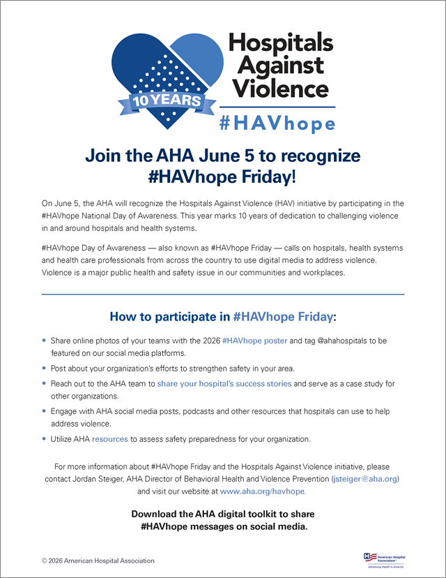 #HAVhope Friday flyer. Join the American Hospital Association June 5th to #HAVhope and Stand Against Violence.