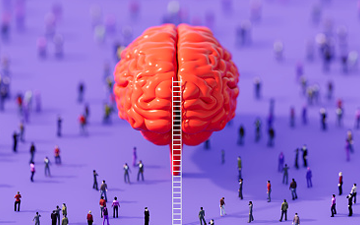 How to Adopt a Population-Based Behavioral Health Strategy. A giant, pink brain with a ladder leaning against it floats above a large crowd of people gathered in an open plaza.