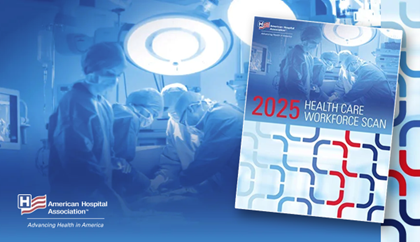 How to Engage Clinicians in Your Technology Strategies. Clinicians performing a surgery in the background. The cover of the 2025 Healthcare Workforce Scan.