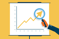 Predictive Modeling Could Create Better Sightlines to Forecast Finances. An graph going up to the right with the arm in a suit jacked holding a magnifying glass over the upper ward pointing arrowhead at the top of the graph.