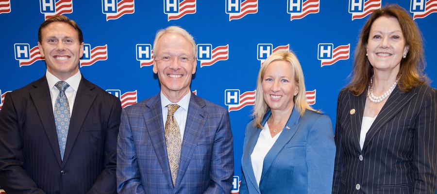 AHA chair-elect designate Bill Gassen; AHA Chair-elect Marc L. Boom, M.D.; AHA Chair Tina Freese Decker; AHA Immediate Past Chair Joanne Conroy, M.D., at the 2025 AHA Leadership Summit.