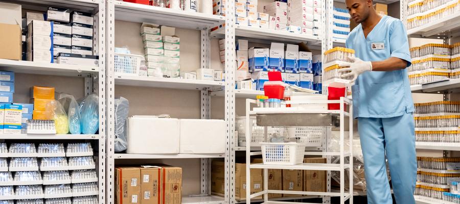 stocking hospital shelf with supplies