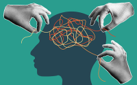 5 Tips for Redesigning Behavioral Healthcare Delivery. A human head in silhouette with a brain made up of a tangle of multicolor strings with three hands pulling different colored strings to untangle them.