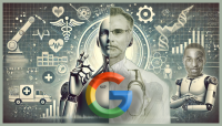 Google, Health Systems Collaborate on Evidence-Based AI. A pastiche of medical images combining human with AI robots and a large Google letter G in the middle..
