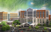 AHA Member Spotlight: Insights from Houston Methodist’s Hospital of the Future. A rendering of Houston Methodist Cypress Hospital, a 100-bed high-tech hospital that incorporates solutions such as remote monitoring and ambient listening to support optimal operations and outcomes.